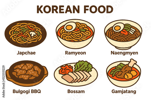 A Korean food set menu is depicted in a vector illustration on a white background, including dishes such as Japchae, Ramyeon, Naengmyeon, Bulgogi BBQ, Bossam, and Gamjatang