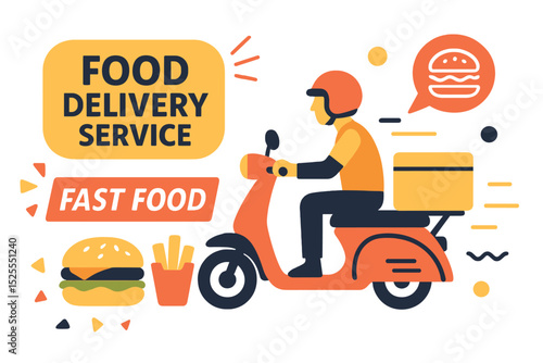 Fast food delivery and broader food delivery service both utilize scooter delivery service in a vector illustration