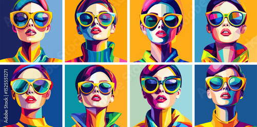 Avantgarde portraits stylish women bold glasses cartoon vector set. Female geometric shapes edgy fashion unconventional beauty modern contrast woman makeup characters conceptual glamour