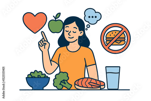 The girl prioritizes her well-being by choosing her favorite food, illustrating a mindful approach to eating