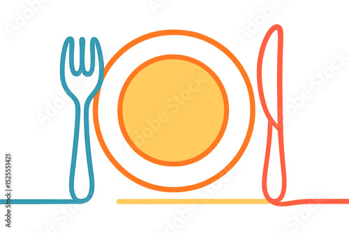 The illustration features a plate with dishware contour and cutlery, including a knife and fork, all connected in a single line vector drawing