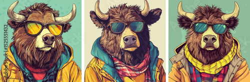Bull hipster cartoon concepts. Jacket sunglasses stylish horned cow fashion cattle animal funny character, vibe urban cowboy modern casual clothes beast portraits vector artworks