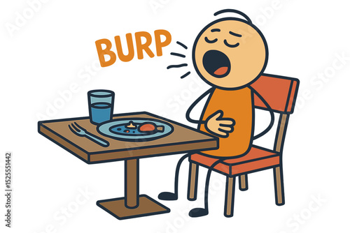 A person burping after eating lunch or dinner in a restaurant is depicted in a vector cartoon stick figure illustration