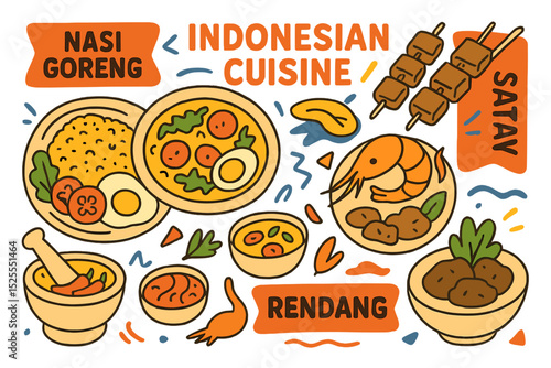 A hand drawn vector illustration of Indonesian food, isolated and collected for background purposes