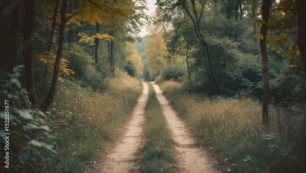 Naklejka premium A dirt road through a forest with trees and grass, leading into the distance during daytime.