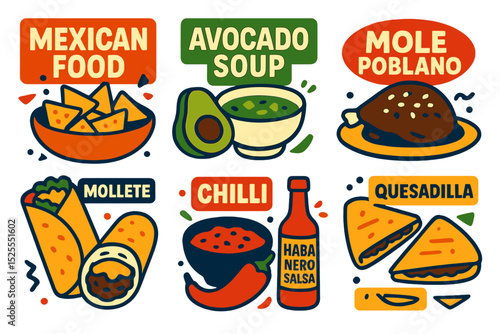 Vector posters of Mexican restaurant meals, such as tortilla nachos, avocado soup, chicken with Mole Poblano, beef tortilla wraps, chilli, quesadillas, Mollete sandwiches, and Habanero salsa