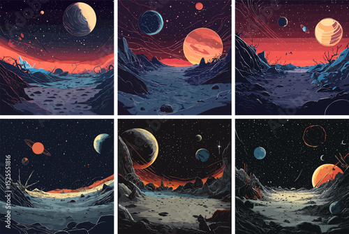 Cosmic landscape cartoon vector set. Nebula clouds star clusters alien planet surface galaxies gas formations asteroid fields horizons interstellar deep space black hole astronomical wonders