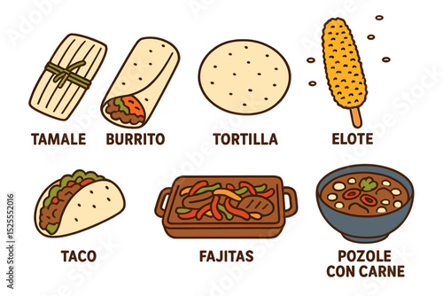 National Mexican dishes such as tamale, tortilla, burrito, taco, fajitas, elote, pozole, and con carne, depicted in a black hand drawn outline vector sketch illustration