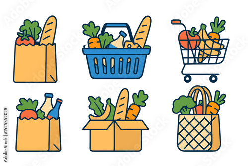 Vector cartoons of paper grocery bags, baskets, a shopping cart, a box, and a turtle bag filled with healthy food are shown isolated on a white background