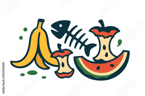 A white background isolates organic waste, specifically food compost rubbish consisting of banana and watermelon rind, fish bone, and an apple stump