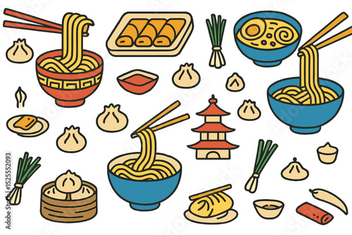 Vector designed a seamless pattern that showcased iconic Chinese food, including popular items like noodles, dim sum, ramen, and spring rolls from different parts of China