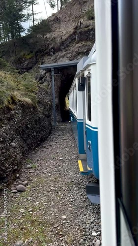 Train navigates through a rocky tunnel surrounded by nature in a serene landscape