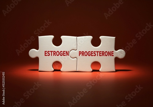 Hormonal balance concept with estrogen and progesterone represented as interlocking white puzzle pieces on a red background under soft spotlight