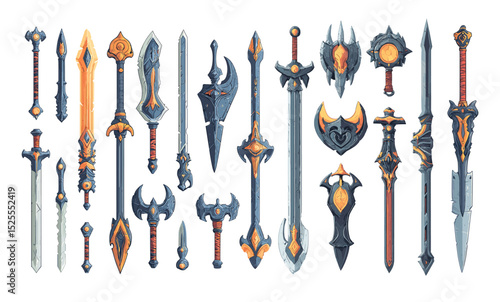 Enchanted swords cartoon vector set. Blades fantasy weapons magical runes ancient artifacts heroic legends mystical energy legendary craftsmanship elven steel dragon forged divine power isolated