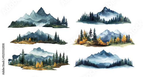Forest landscape watercolor vector set. Mountains rocks pine trees fog valley distant peaks woodland nature escape wilderness dreamy scenery ethereal atmosphere isolated illustration on white
