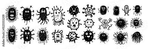 Germs funny microbes black ink vector set. Bacteria viruses pathogens cute microorganisms comic science humor health pandemic kawaii sickness silly faces anthropomorphic isolated