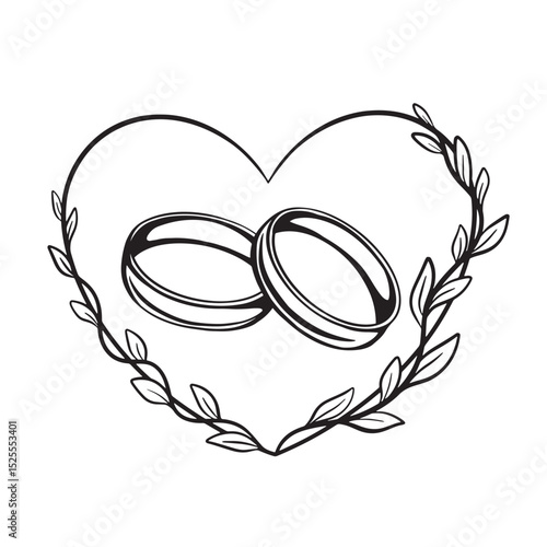 Minimalist illustration of heart shape with two intertwined wedding rings framed by elegant leafy branches. Perfect symbol of everlasting love, marriage, wedding invitation, union and meaningful conne
