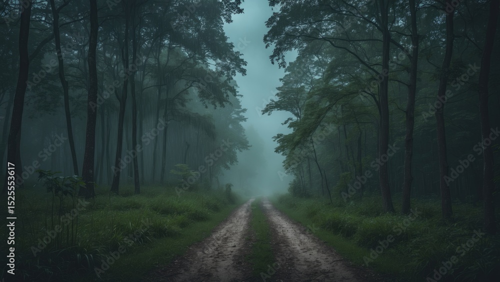Fototapeta premium A forest path through dense trees in misty, foggy weather with lush greenery.