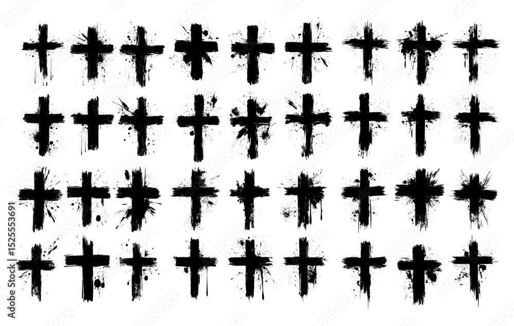Fototapeta premium Grunge cross black ink vector set. Religion punk aesthetic rebellious symbolism dark faith torn edges sacred splatters rough brush strokes street art gothic eroded surface edgy monochrome isolated