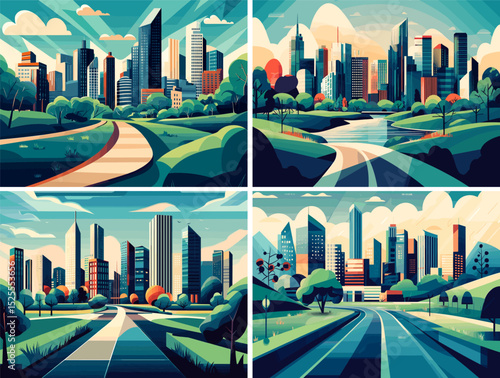Green cityscapes cartoon vector concepts. Urban trees pond buildings skyline high towers skyscrapers, eco friendly megapolis vibe metropolitan streets landscapes illustrations