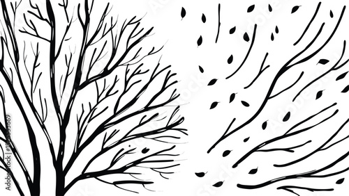 Black and white drawing of a tree with bare branches and falling leaves in a windy environment scene