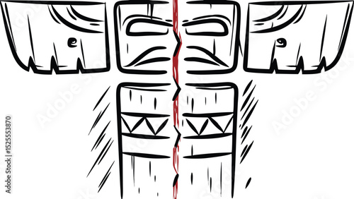 Stylized tribal totem pole with geometric patterns and a central red crack dividing the structure