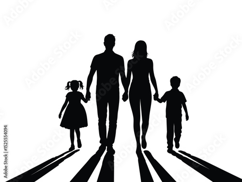 Silhouette of four 4 people belonging to a family, father, mother and two children. silhouettes of people walking