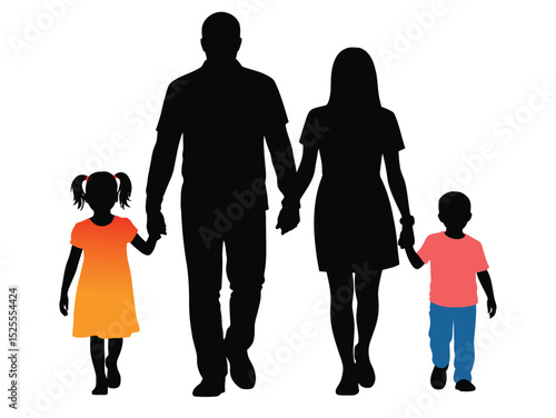 Silhouette of couple walking with their children, fatherhood concept about father's day, best dad, Silhouette of father and mother walking with their children