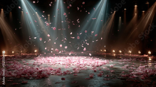 Pink spotlight stage background. Disco party projector light concert or show scene. Magic beam glow for nightclub or award winner with confetti glitter. Congratulation performance bg for celebrity