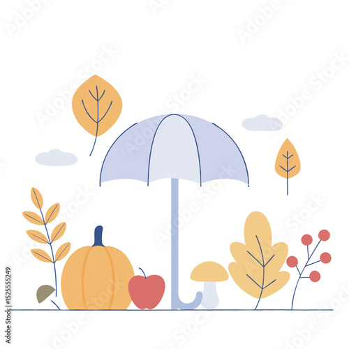 Autumnal scene with umbrella pumpkin leaves apple mushroom and berries vector illustration