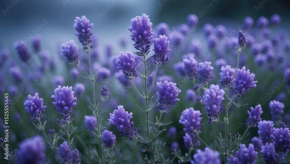 Obraz premium Lavender flowers in a garden with purple blooms and green leaves. Nature and floral scenery. Aromatic and calming plants. The concept of herbal and garden relaxation.