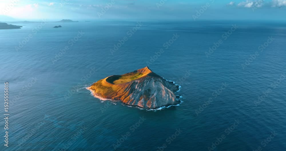 Beautiful bare island surrounded by the Pacific Ocean. Aerial perspective on the Rabbit Island near Oahu, Hawaii, USA.
