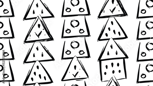 Repetitive pattern of black and white triangular shapes with varying internal markings and arrangements