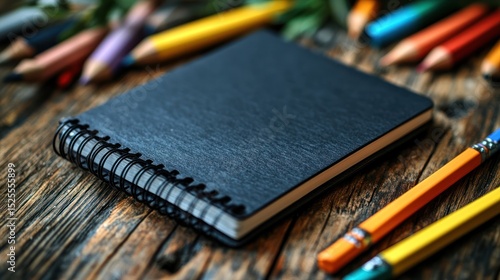 Wallpaper Mural Black notebook surrounded by colorful pencils on a rustic wooden table Torontodigital.ca