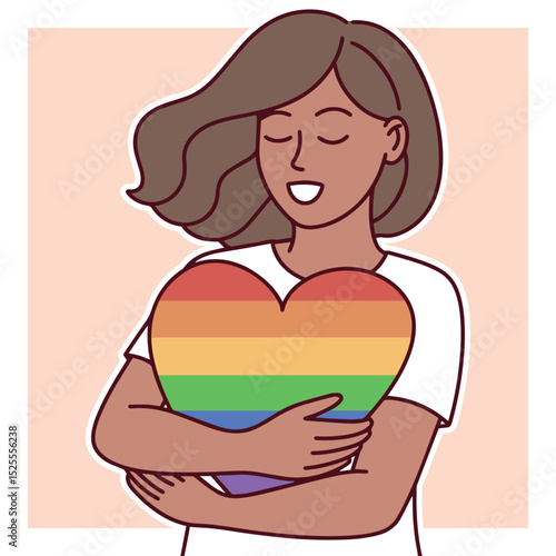 black dark brown skinned woman. Diverse woman with short hair hugging rainbow heart, calm expression and love symbolizing pride and inclusivity