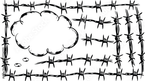 Illustration featuring a barbed wire frame surrounding a cloud shape and small ovals inside