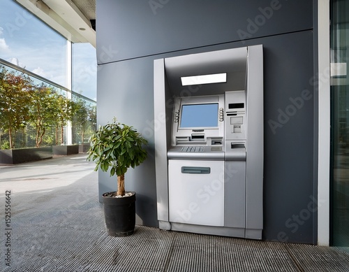 modern atm machine with plant in a contemporary office space