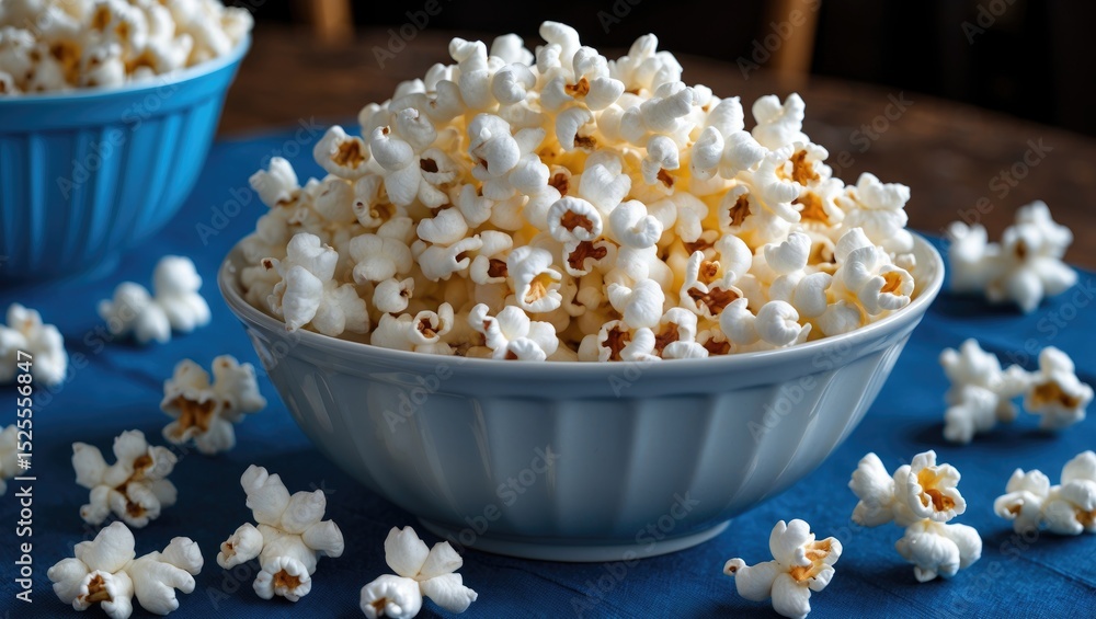 Bowl of popcorn with some scattered around on a blue tablecloth, with a blue bowl of popcorn in the background. Bowl of popcorn with some scattered around on a blue tablecloth, with a blue bowl of popcorn in the background.