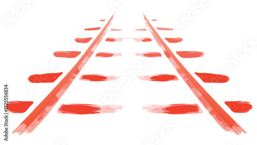 Red painted railway tracks receding into the distance on a white background creating a sense of perspective