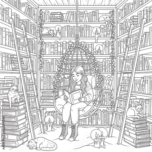 Cozy Reading Nook Coloring Page: Girl Reading in Hanging Chair Surrounded by Books and Cats.