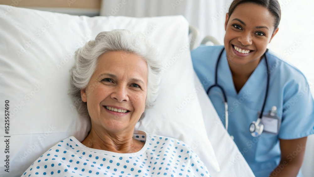 Fototapeta premium Caring hospital scene with smiling elderly patient and cheerful nurse - healthcare compassion and medical care professional interaction 