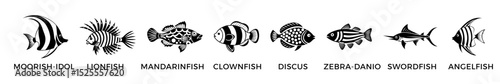 Vector collection of tropical exotic fish, black silhouette design
