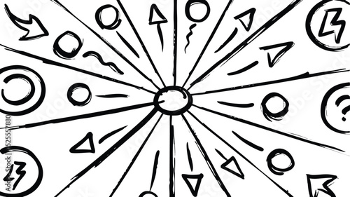 Radial design with arrows circles triangles and other symbols emanating from a central point in black and white