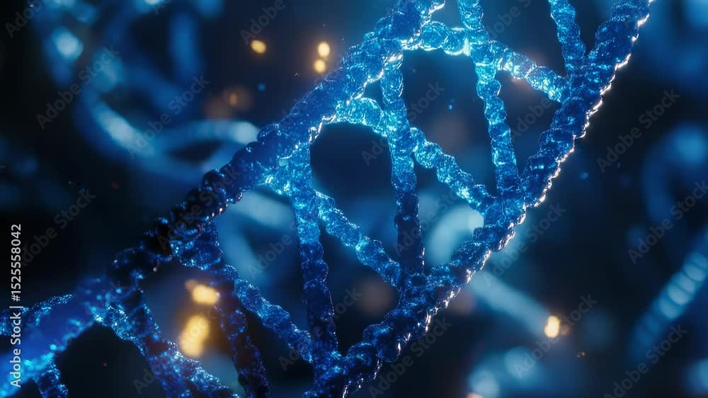 Detailed 3D render of a blue DNA double helix with glowing particles
