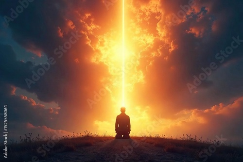 A lone figure kneels before a bright, ethereal light, symbolizing hope, faith, and spiritual guidance towards redemption and a path to peace , divine light, destination