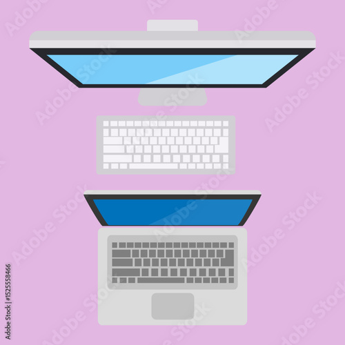 ector illustration of digital workspace with monitor and laptop for tech work productivity and setup design