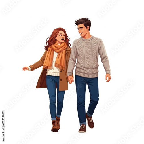 Happy young loving couple wearing autumn clothes walking holding hands, vector illustration