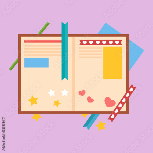 Vector illustration of scrapbook page with colorful decorations and cutout tools for creative memories
