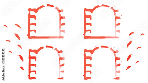 Four red artistic archways with brick like details and scattered red elements on a white background