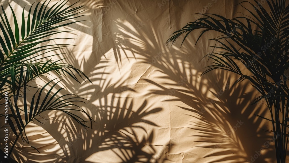 Obraz premium Shadows of palm leaves cast on a crinkled beige paper background.
